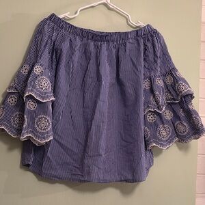 🧺Rebellion Navy Striped Blouse with Lace Sleeves, off the shoulder.  Womens L